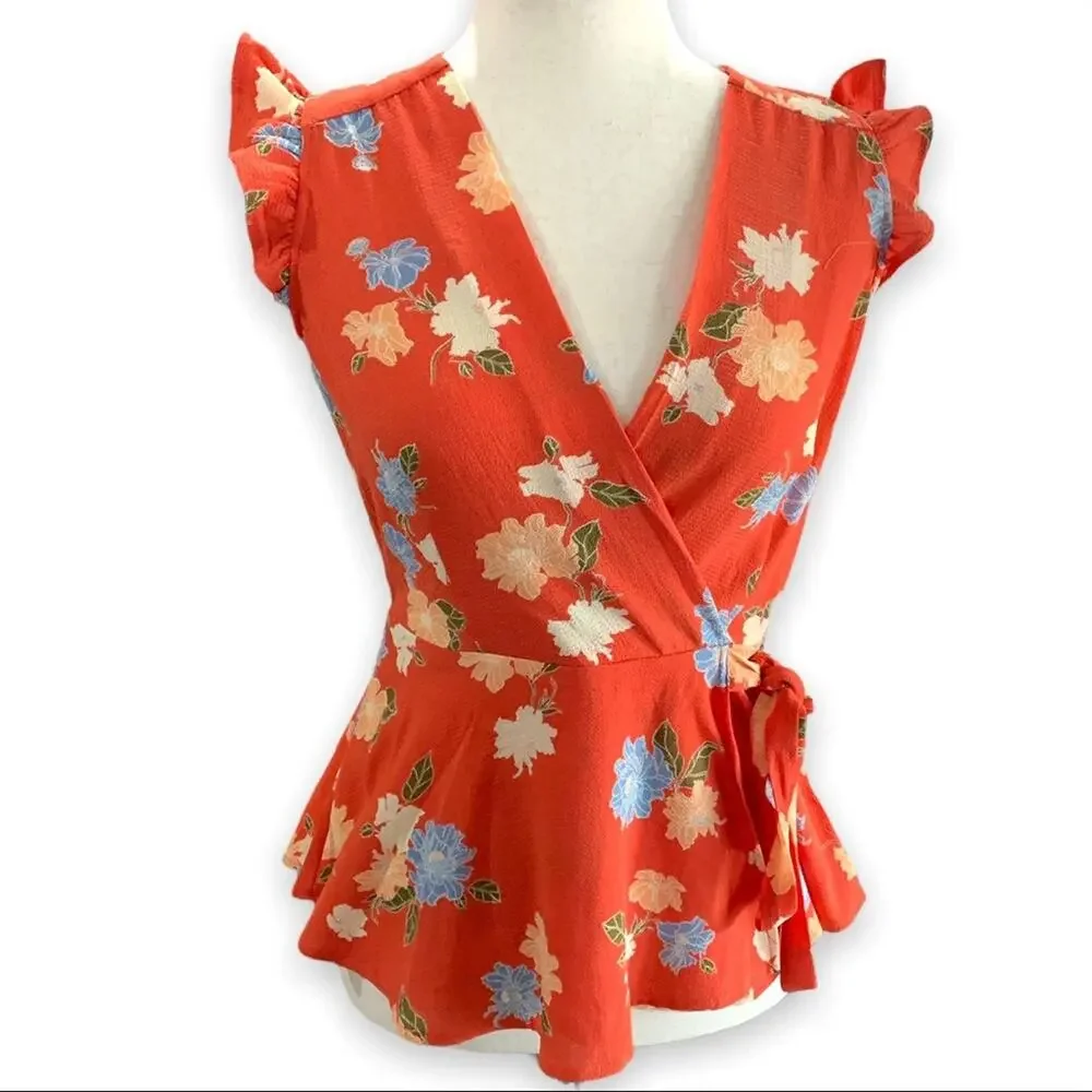 New monteau blouse sleeveless faux wrap orange floral side tie top shirt size‎ M
